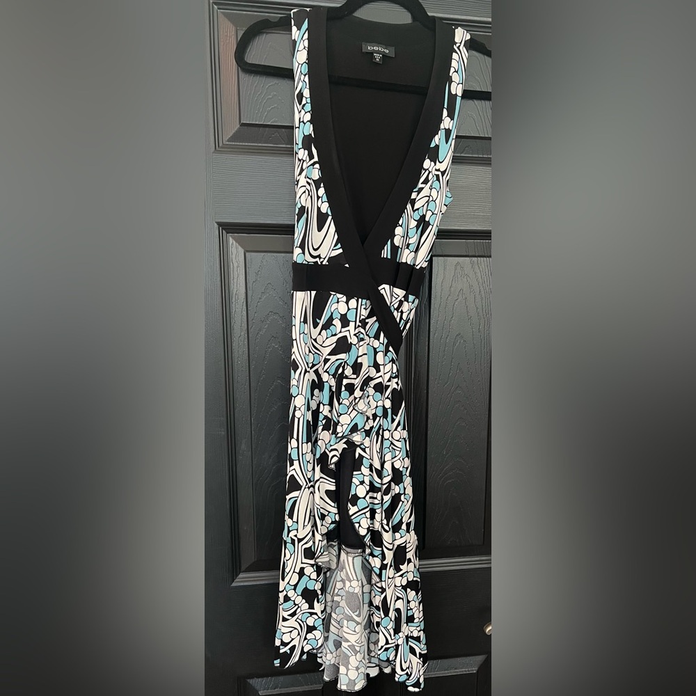 Bebe Y2K Wrap Dress XS Black Blue Print Stretch Lined. - Picture 9 of 10